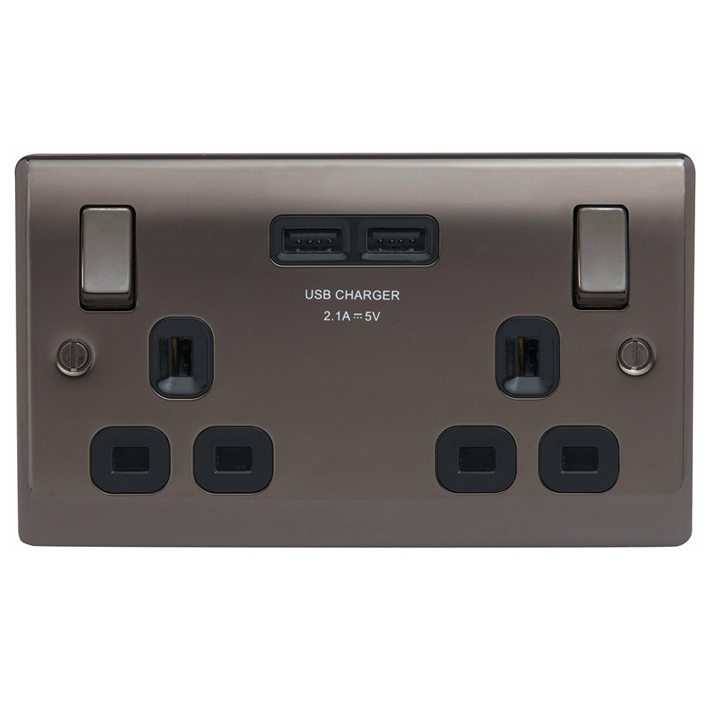 Image for Avenue Contour 13A 2 Gang Switched USB Socket Black Insert Black Nickel