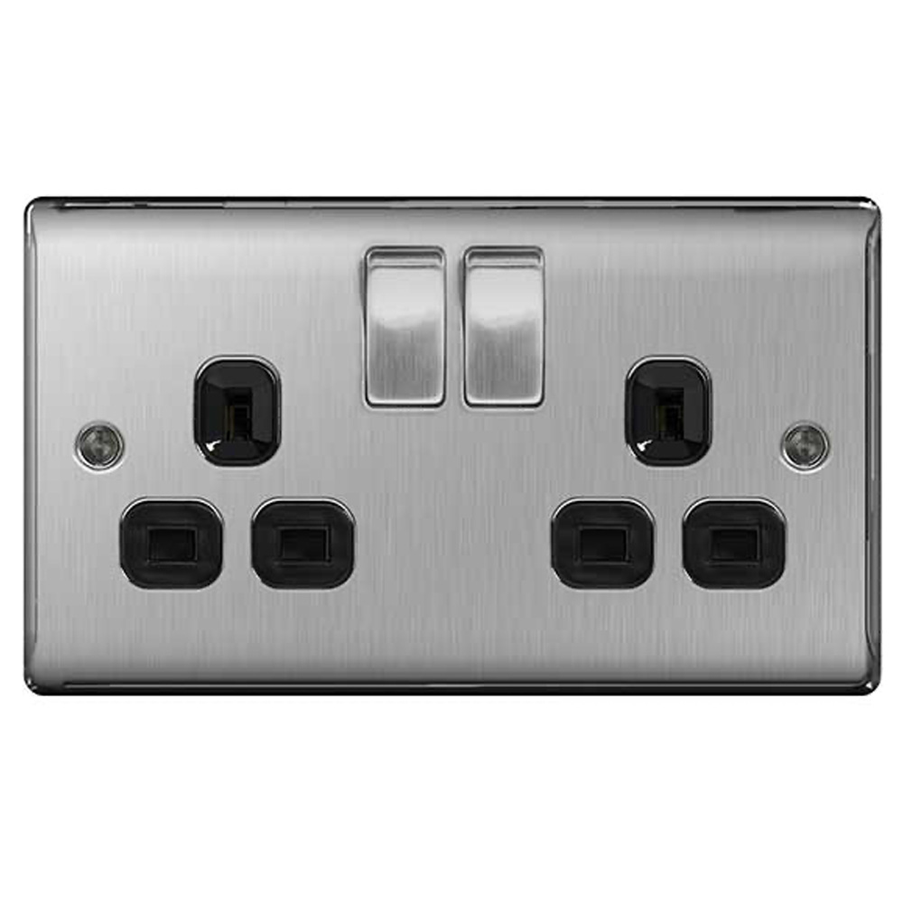 Image for Avenue Contour Brushed Steel 13A Double Socket Switched Black