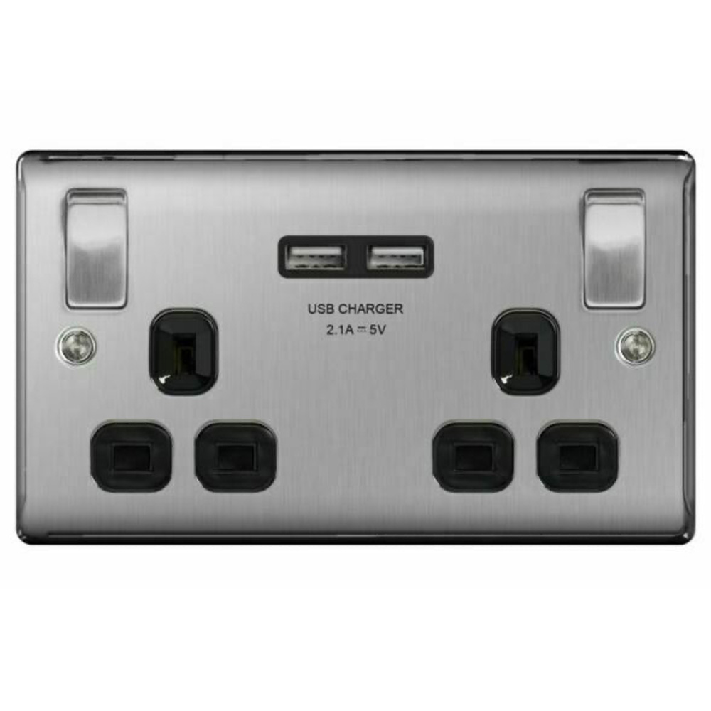 Image for Avenue Contour Brushed Steel 13A Double Socket with USBs Black