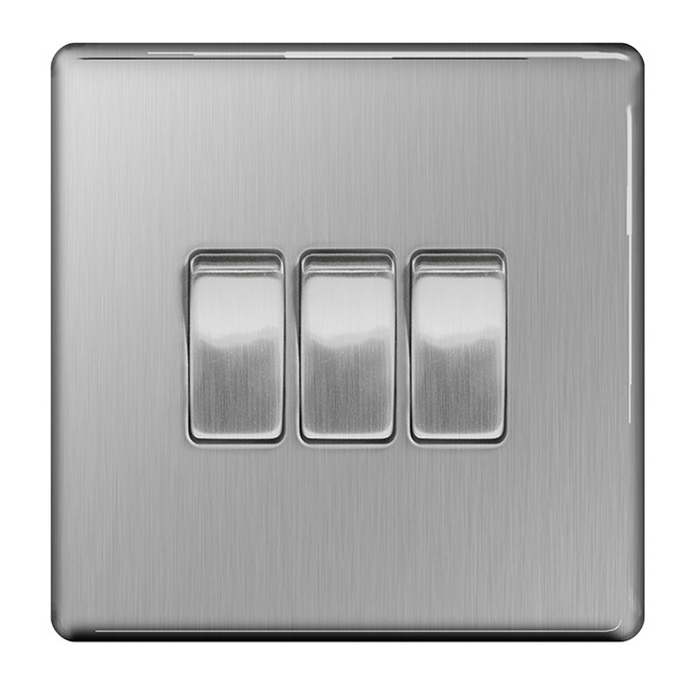 Image for Avenue Screwless Brushed Steel 20A 3 Gang 2 Way Switch