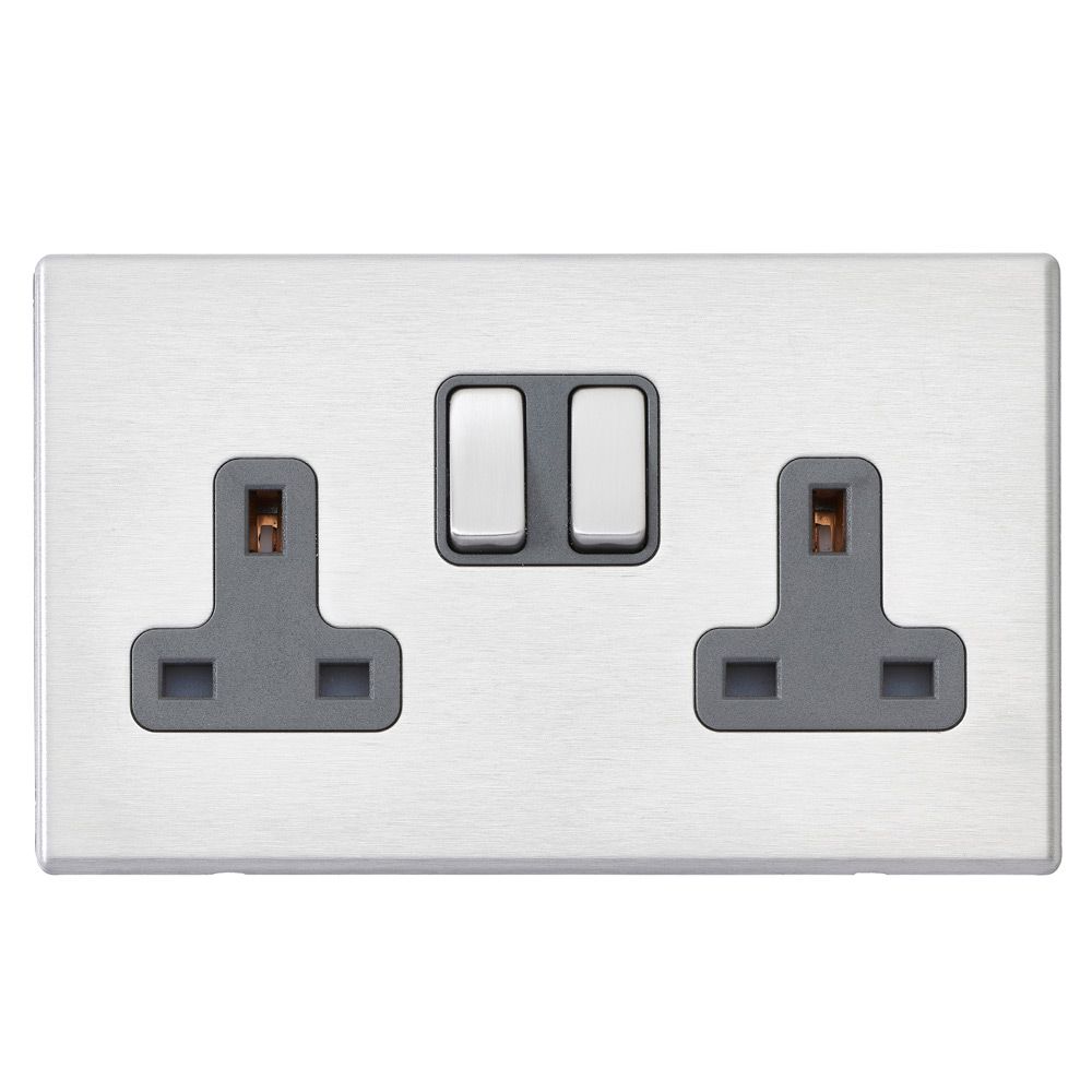 Image for Avenue Screwless Slim 13A Double Socket 2 Gang Satin Steel Grey