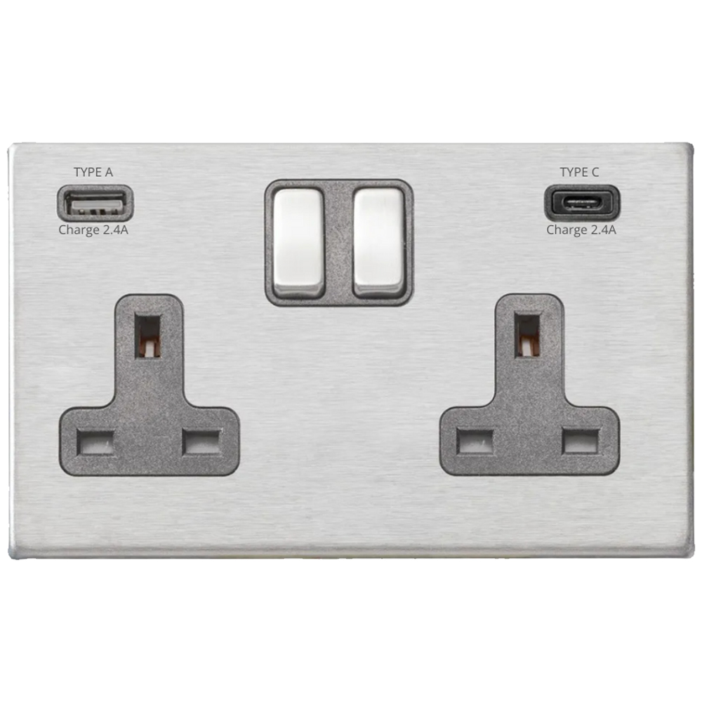 Image for Avenue Screwless Slim USB C Double Socket Satin Steel Grey