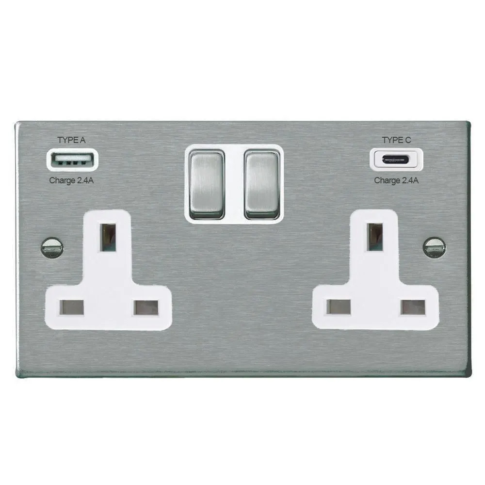 Image for Avenue Slim USB C Double Socket Satin Steel White