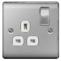 Avenue Contour Brushed Steel 13A Single Socket Switched White