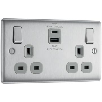 Image of Avenue Contour Brushed Steel 13A Double Socket USB A-and-C AVCUSS132AC22
