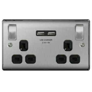 Image of Avenue Contour Brushed Steel 13A Double Socket with USBs Black AVCUSS132