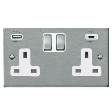 Image of Avenue Slim USB C Double Socket Satin Steel White AVSUSS132C