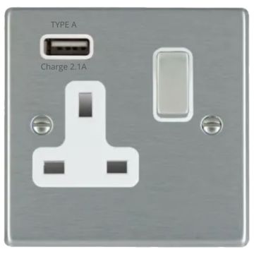 Image of Avenue Slim USB Socket Single Satin Steel White 74SS1USBSS-W