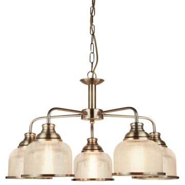 Image of Searchlight 5 Pendant Antique Brass with Holophane Style Glass LPS1-5117