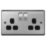 Avenue Contour Brushed Steel 13A Double Socket Switched Black