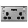 Avenue Contour Brushed Steel 13A Double Socket with USBs Black