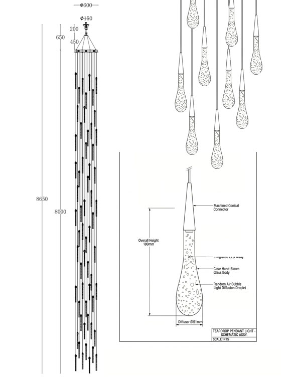 Technical CAD line drawing of the pendant supplied before manufacturing