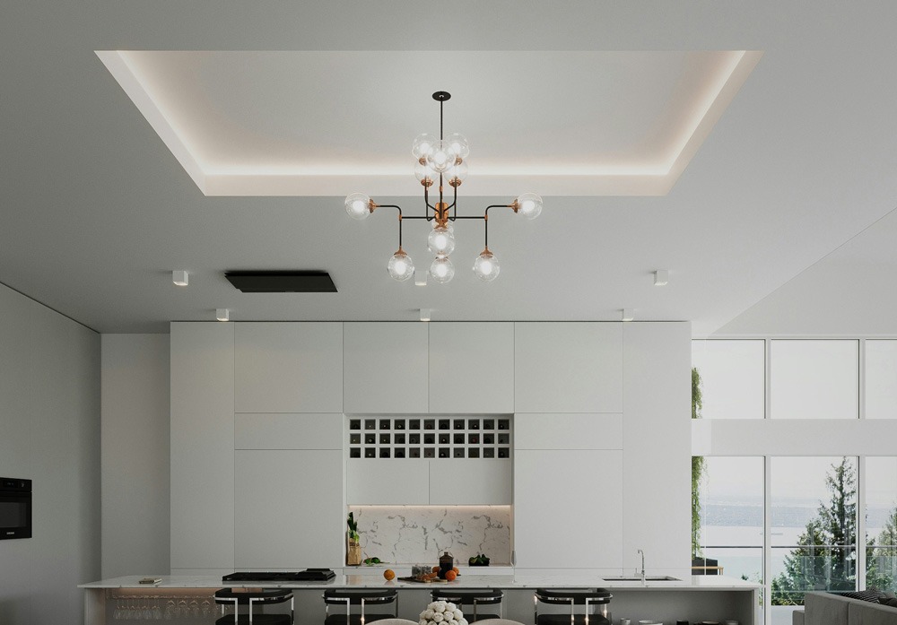 Kitchen architectural lighting &mdash; LED profiles under cabinets, cove lighting, recessed downlights