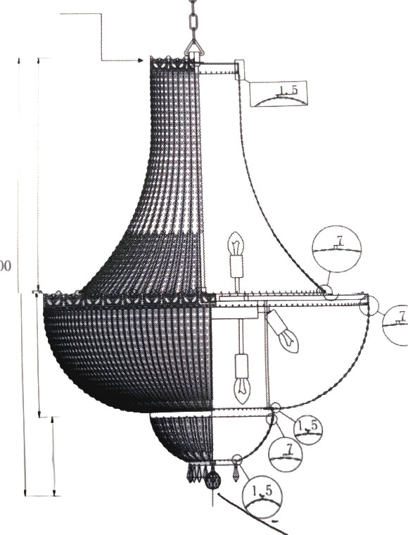 Technical CAD drawing of the bespoke crystal chandelier produced before manufacturing began